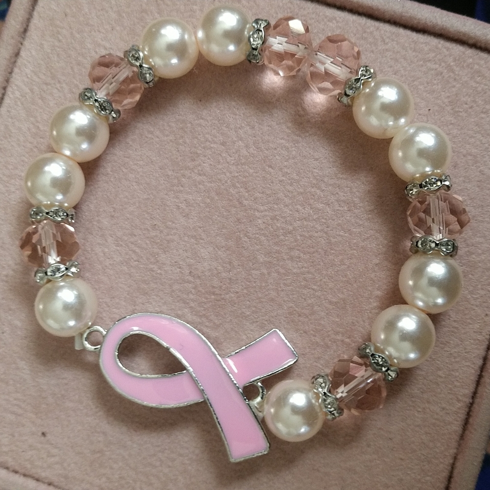 Breast Cancer Ribbon Bracelet Pearls & Pink Acrylic Beads & Rhinestones NWT